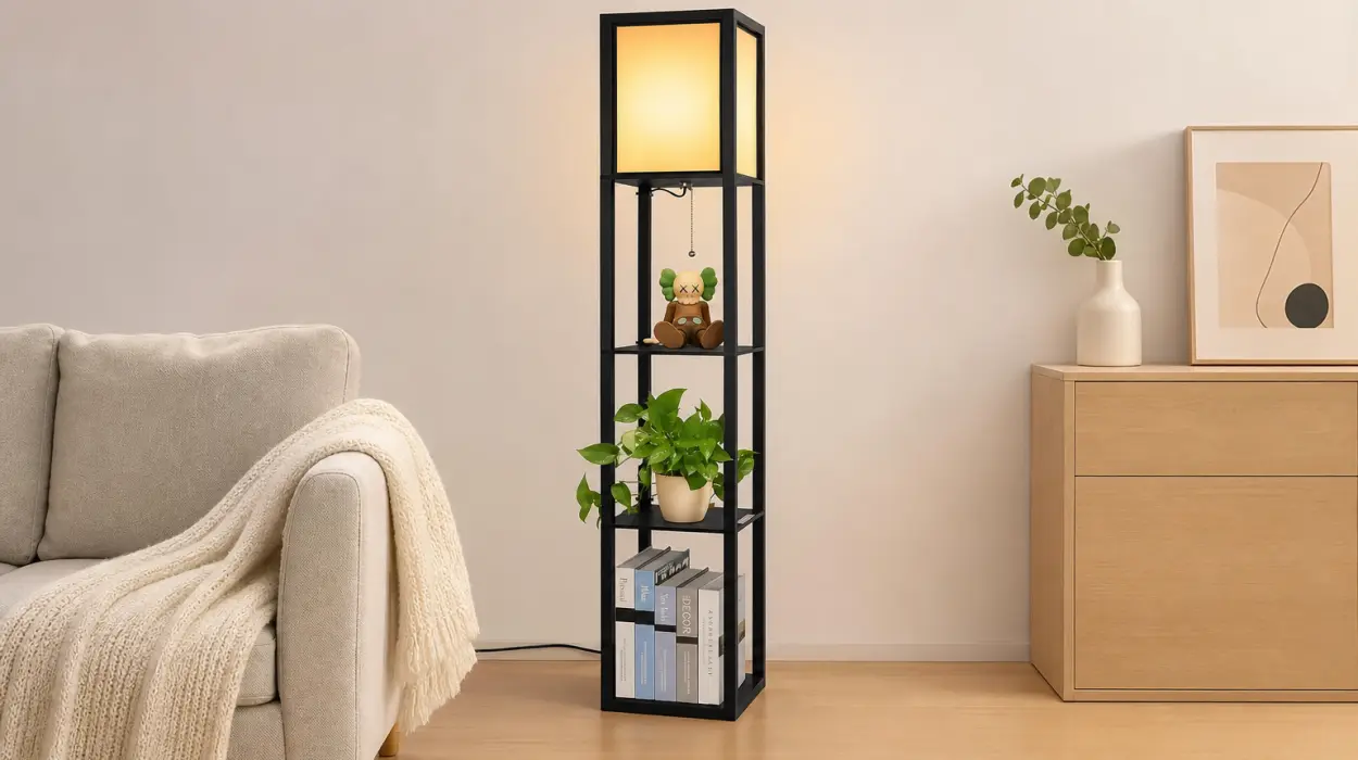 Lámpara de pie Alampia de madera con estantes y bombilla LED E27 incluida por sólo 40,60€ con envío gratis (-31%)