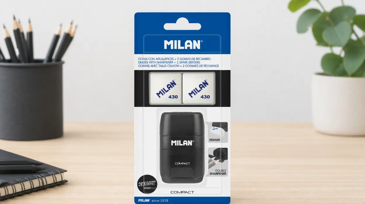 Dos útiles en uno: afilaborra MILAN COMPACT Shadow con 2 gomas de recambio por sólo 2,45€ (-40%)