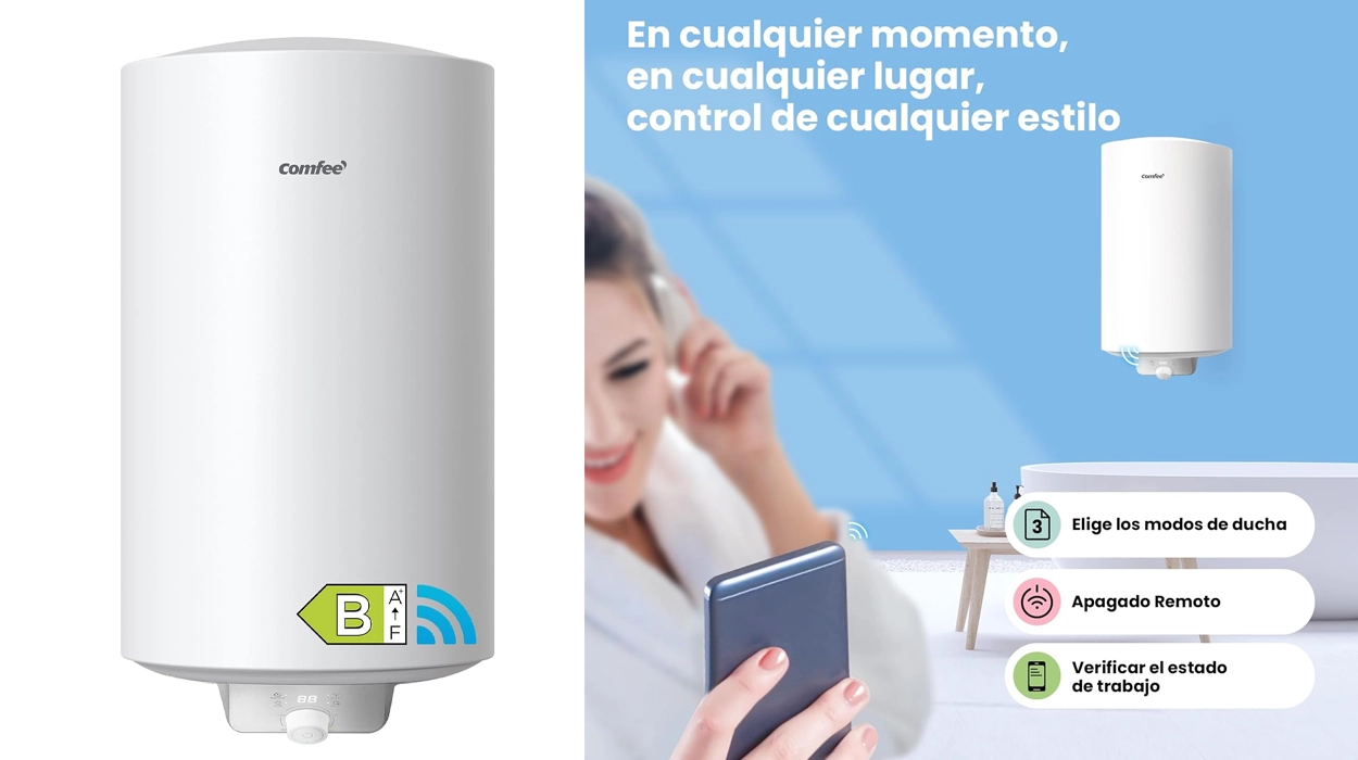 Gestiona y programa desde el móvil este calentador de agua eléctrico vertical COMFEE’ con WI-FI al mejor precio en Amazon