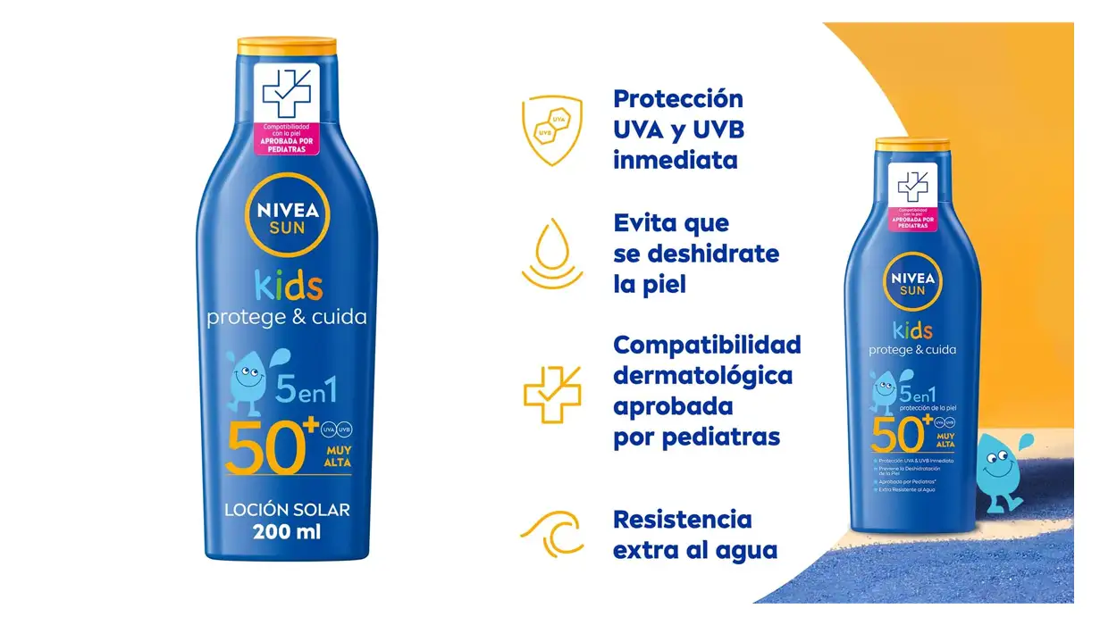 Chollo Leche solar NIVEA SUN Kids Protege & Cuida FP50+ de 200 ml por sólo 10,95€ (-24%)
