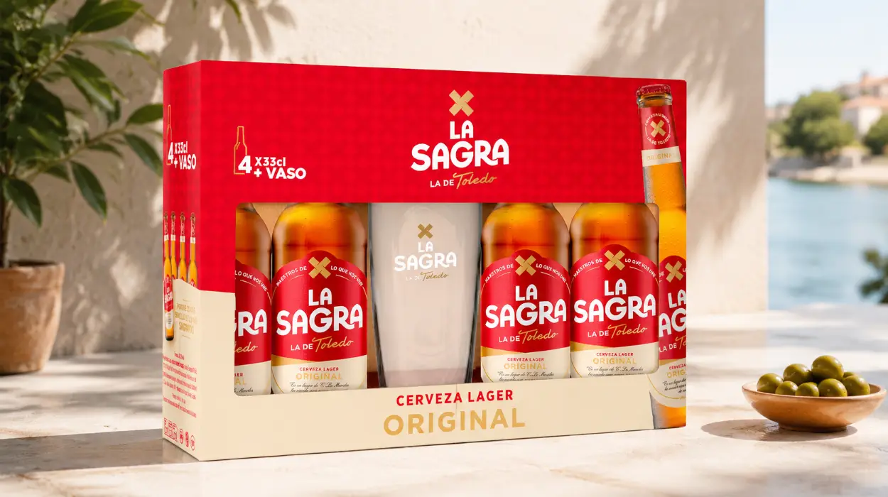 Pack x4 cervezas La Sagra Lager de 330 ml con vaso de 1/2 pinta por sólo 4,79€ (-25%)