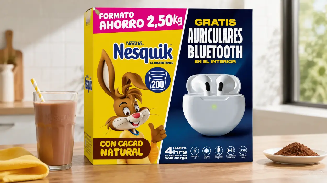 Nestlé Nesquik cacao soluble en estuche de 2,5 kg con auriculares Bluetooth de regalo por sólo 14,99€ (-7%)