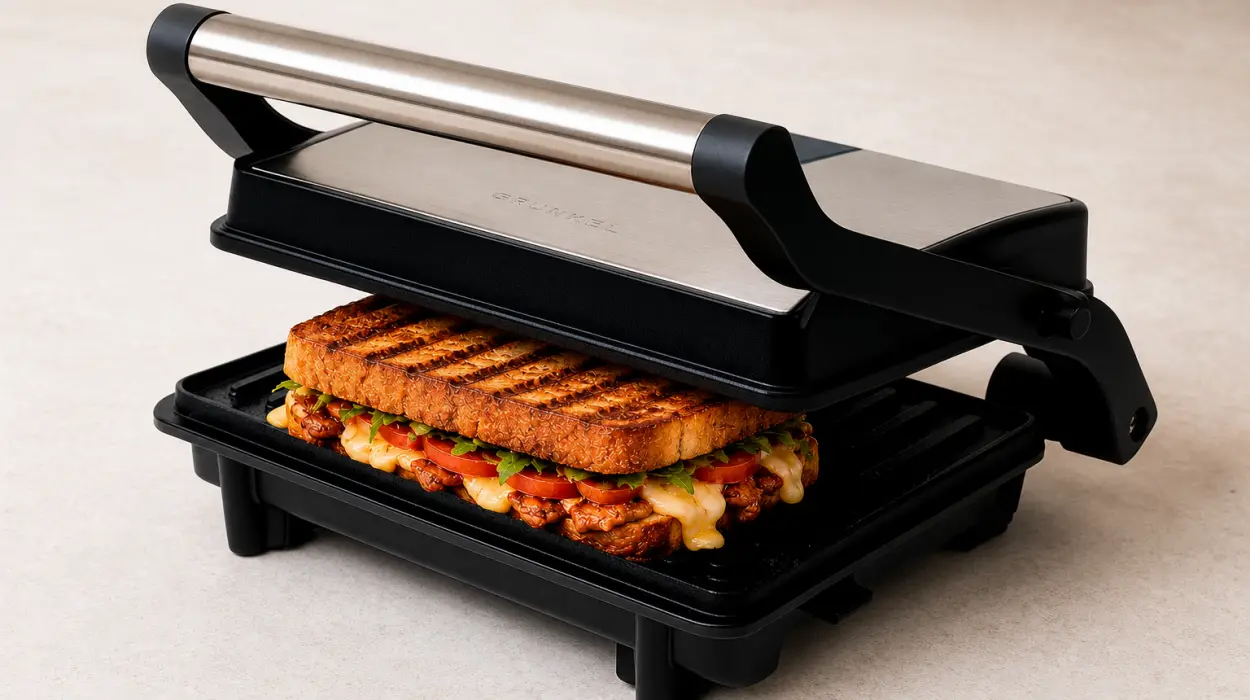Parrilla eléctrica Grunkel de 1000 W con apertura 180° y placas antiadherentes por sólo 21,59€ (-28%)