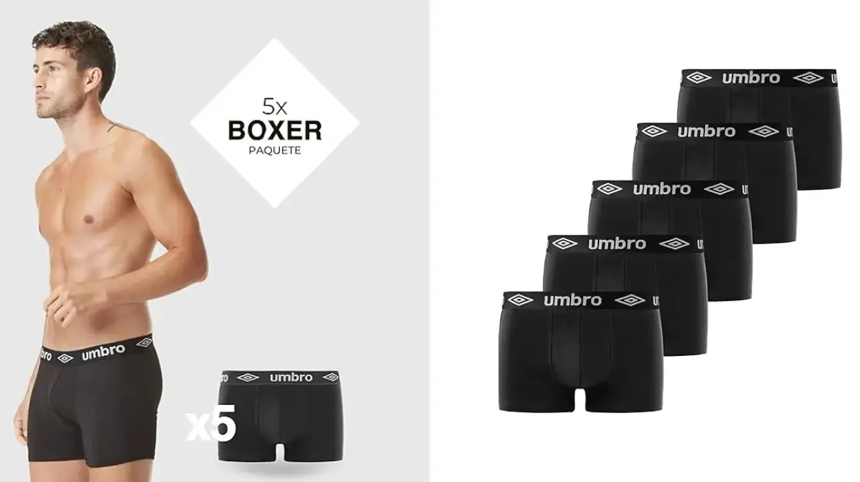 Este pack de 5 bóxers Umbro baja a precio mínimo en varios colores: ¡cada uno te sale por sólo 2,78€!