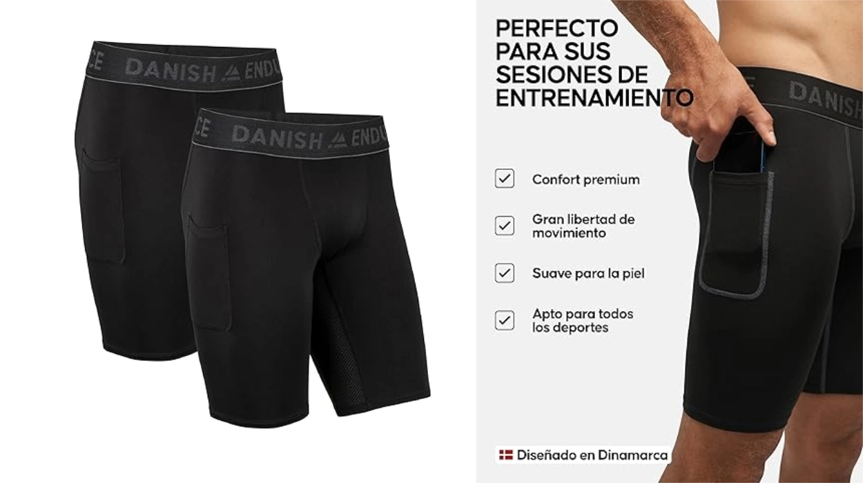 Chollo Pack x2 mallas cortas de compresión Danish Endurance con bolsillo para hombre por sólo 27,95€ (42% de descuento)