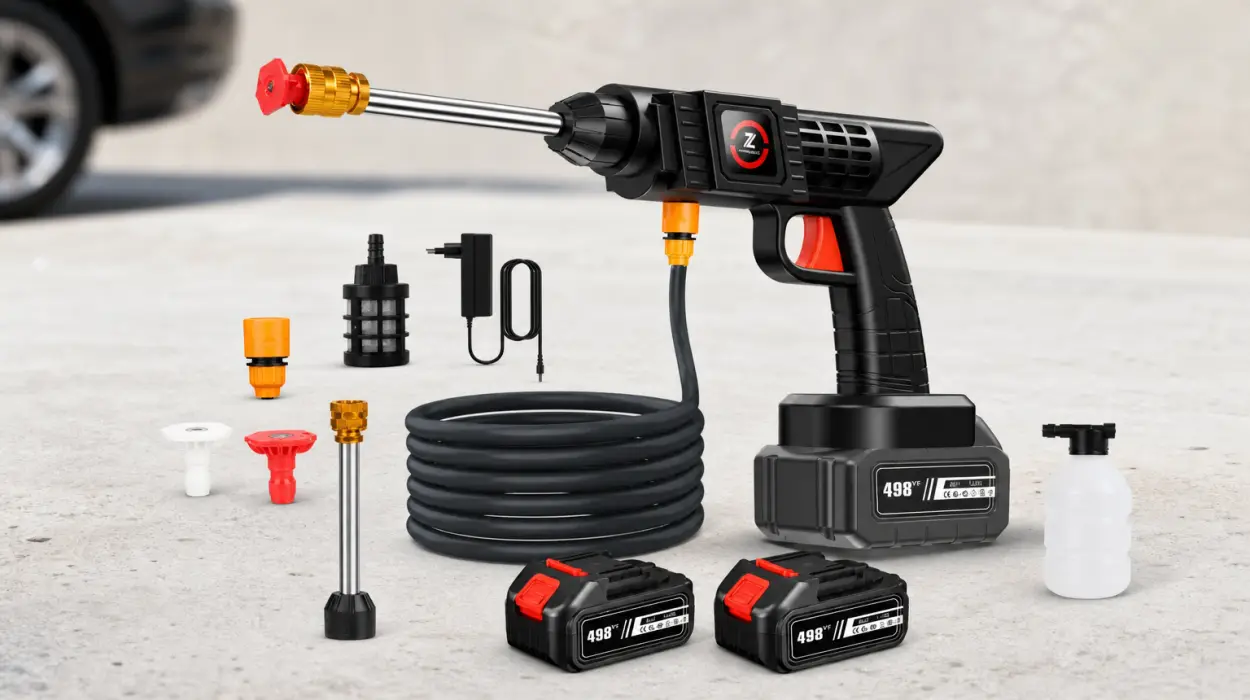 Limpia coche, patio y jardín a presión sin enchufes: Hidrolimpiadora inalámbrica de 50 bar con pistola de espuma y 2 baterías por sólo 12,56€ con cupón y envío gratis (-74%)