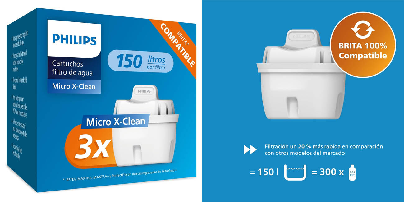 Chollo Pack de 3 filtros de agua Philips Water compatibles con Brita por sólo 16,96€ (-26%)
