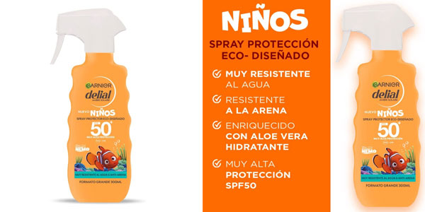 Chollo Protector solar infantil Garnier Delial Nemo SPF50 en spray 270 ml por sólo 10,81€ (-32%)