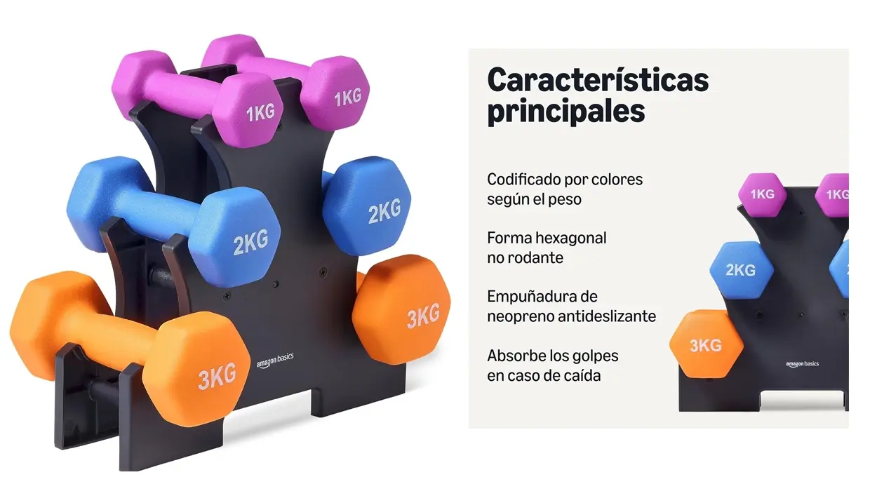Ponte en forma en casa con este juego de mancuernas con soporte a un precio buenísimo