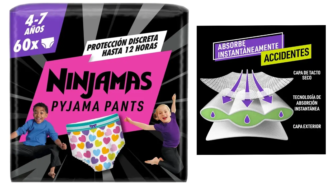 Noches más tranquilas con el pack de 60 Dodot Ninjamas de pañales-braguita talla 4-7 años (17-30 kg) por sólo 23,91€ (-46%) ¡0,40€ cada uno!