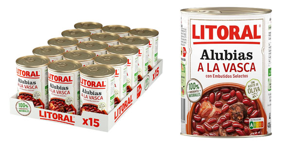 Chollo Pack x15 latas LITORAL Alubias a la Vasca de 430 gramos por sólo 32,04€ con envío gratis (-21%) ¡2,14€ la unidad!