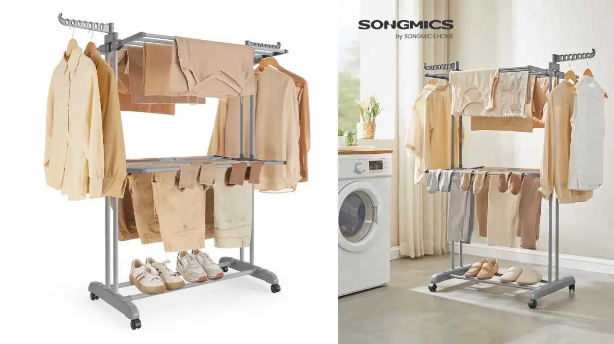 Aprovecha al máximo el espacio con el tendedero vertical Songmics plegable con ruedas y alas ajustables por sólo 17,59€ (41% de descuento)