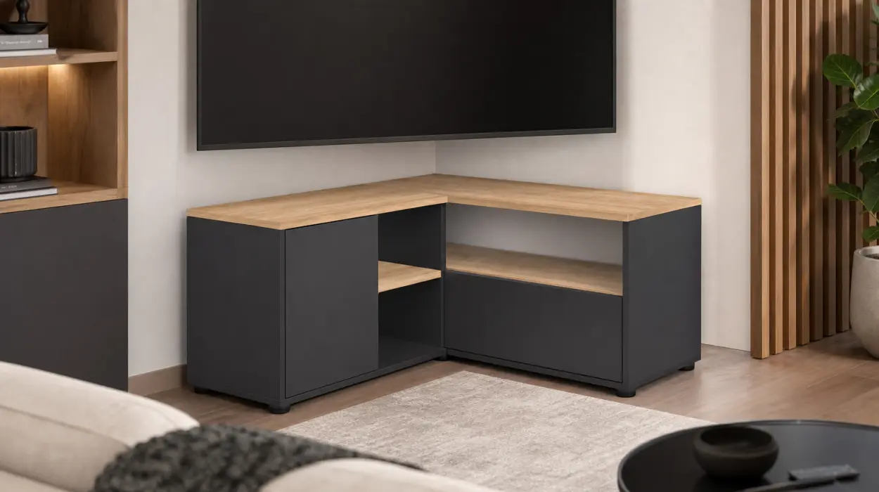 Mesa de TV esquinera en roble negro y natural de 90 x 90 x 45 cm por sólo 66,50€ con envío gratis (-49%)