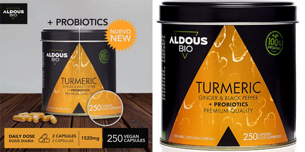 Chollo Envase x250 Cápsulas de Cúrcuma con Jengibre y Pimienta Negra con Probióticos por sólo 22,77€ (35% de descuento)