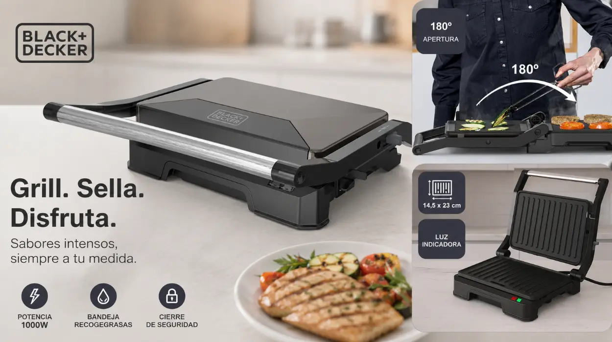 Grill eléctrico BLACK+DECKER con tapa basculante de 180° y placas antiadherentes por sólo 26,45€ (-40%)